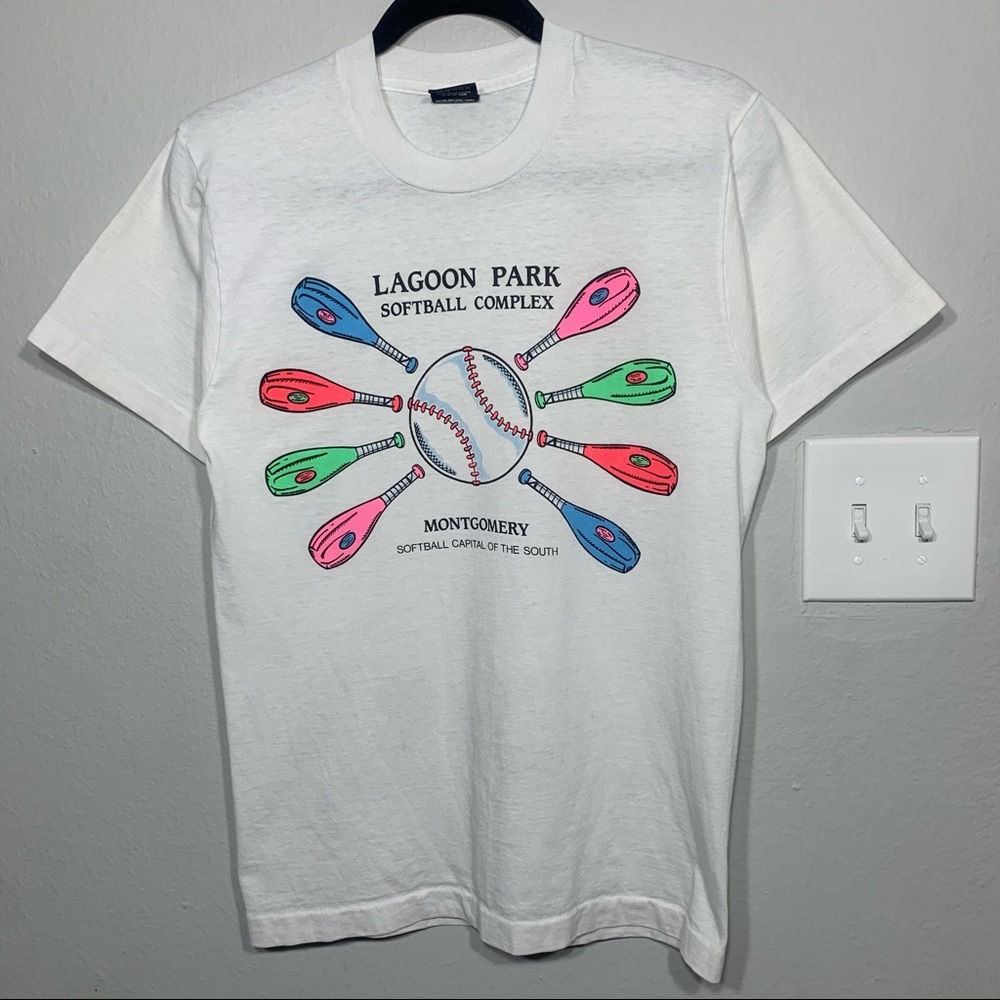Vintage 90s Lagoon Softball Complex Montgomery‎ Single Stitch White Tee Small